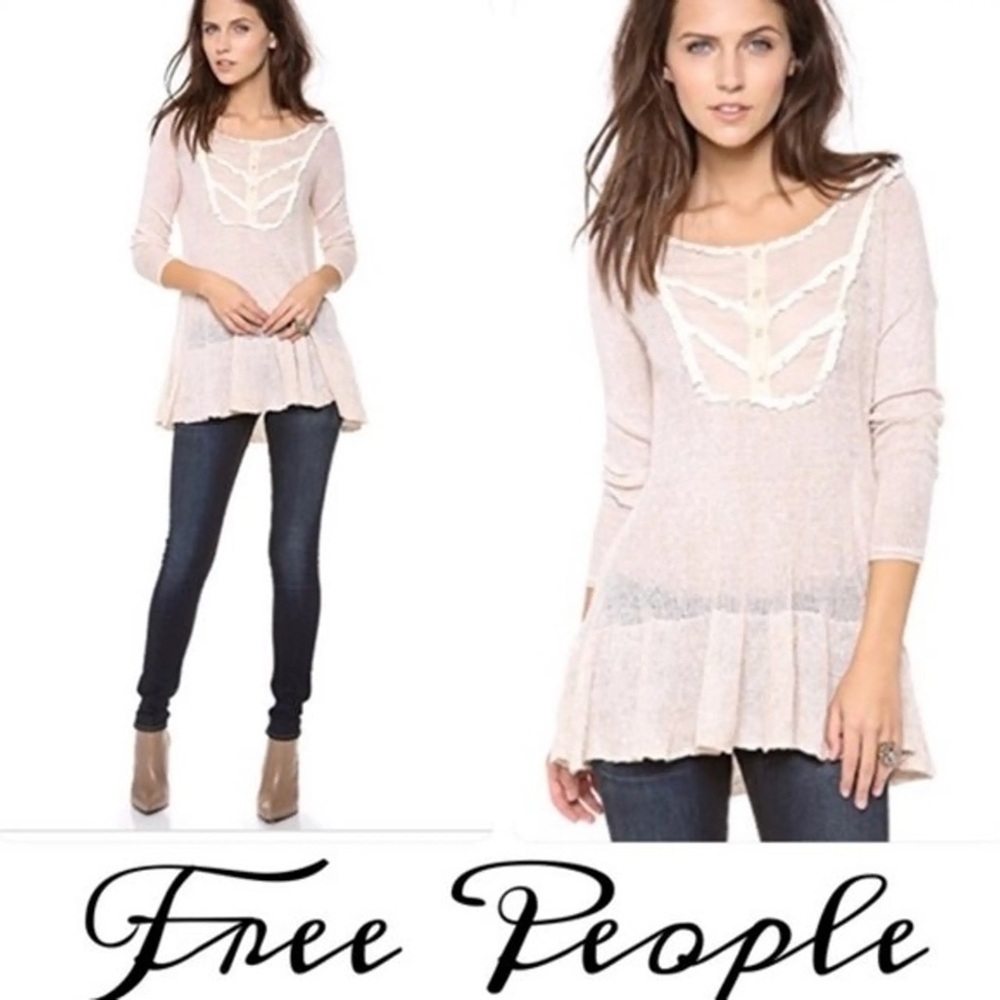 Free People Lace Candy Yoke Linen Pullover Cream Peplum Ruffled Tunic Top boho M